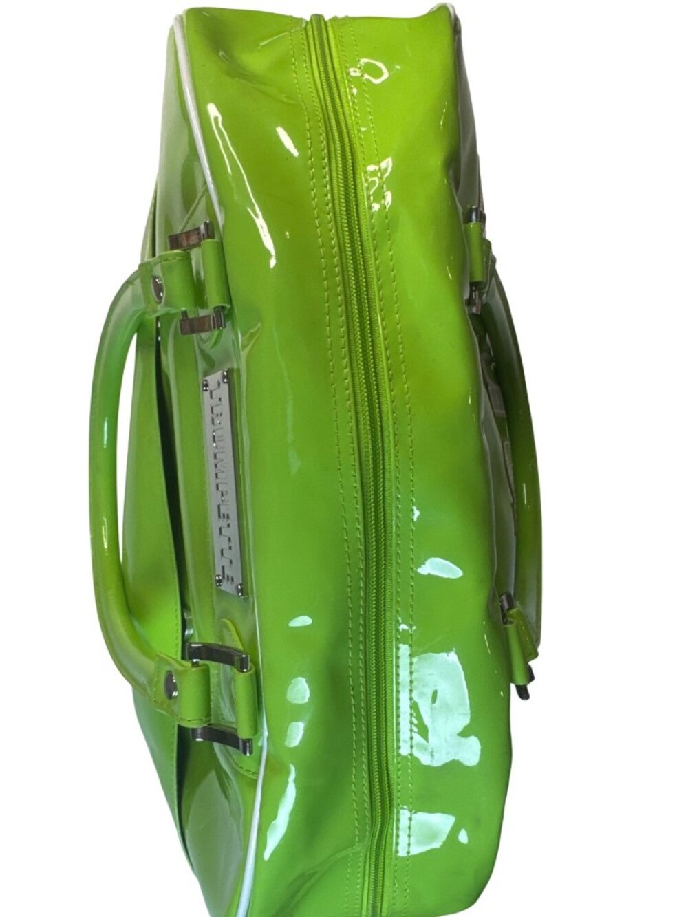 Trumpette Neon Glossy Patent Green Tennis Bag W/Shoulder Strap & Handles - Picture 7 of 15
